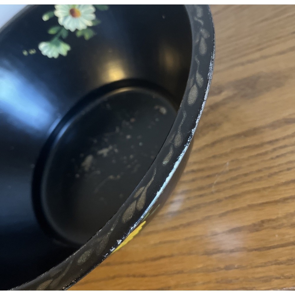 Vintage Nashco Hand Painted Tin Bowl 11 in. Black Floral READ - Picture 4 of 9